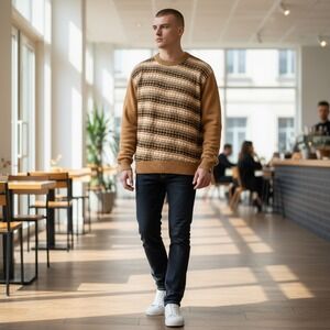 VTG Akademiks Mens XL Brown‎ Striped Knit Wool Sweater Crew Neck Long Sleeve NEW